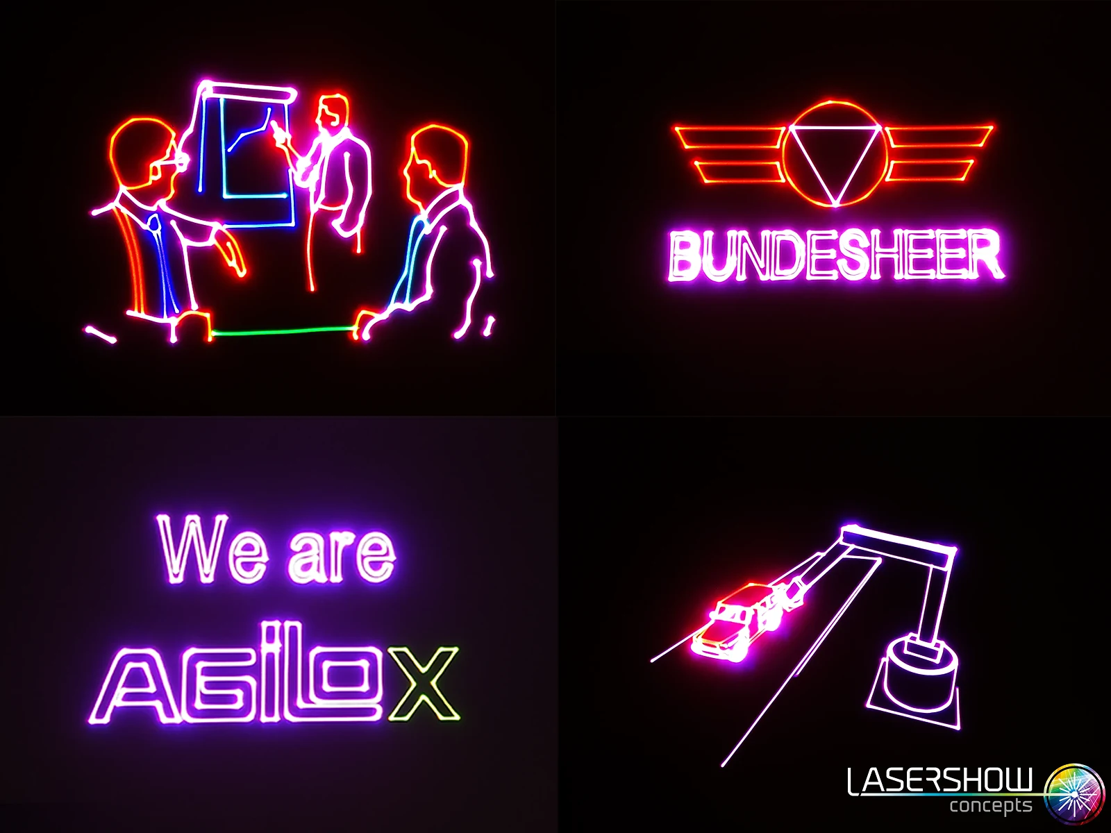 Laserprojektionen mit Firmenlogos, Schriftzügen und Produktmotiven